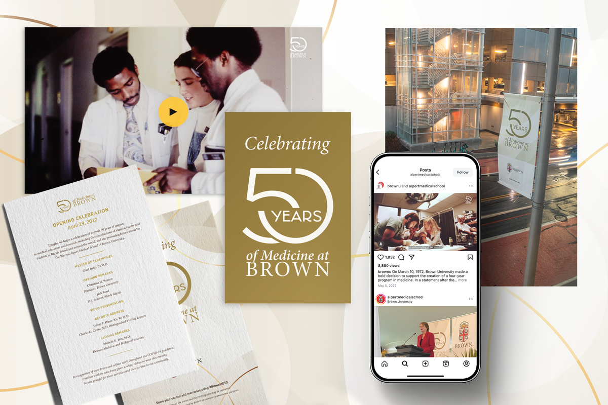 Collage of collateral from 50 Years of Medicine, including video, print materials and Instagram posts.