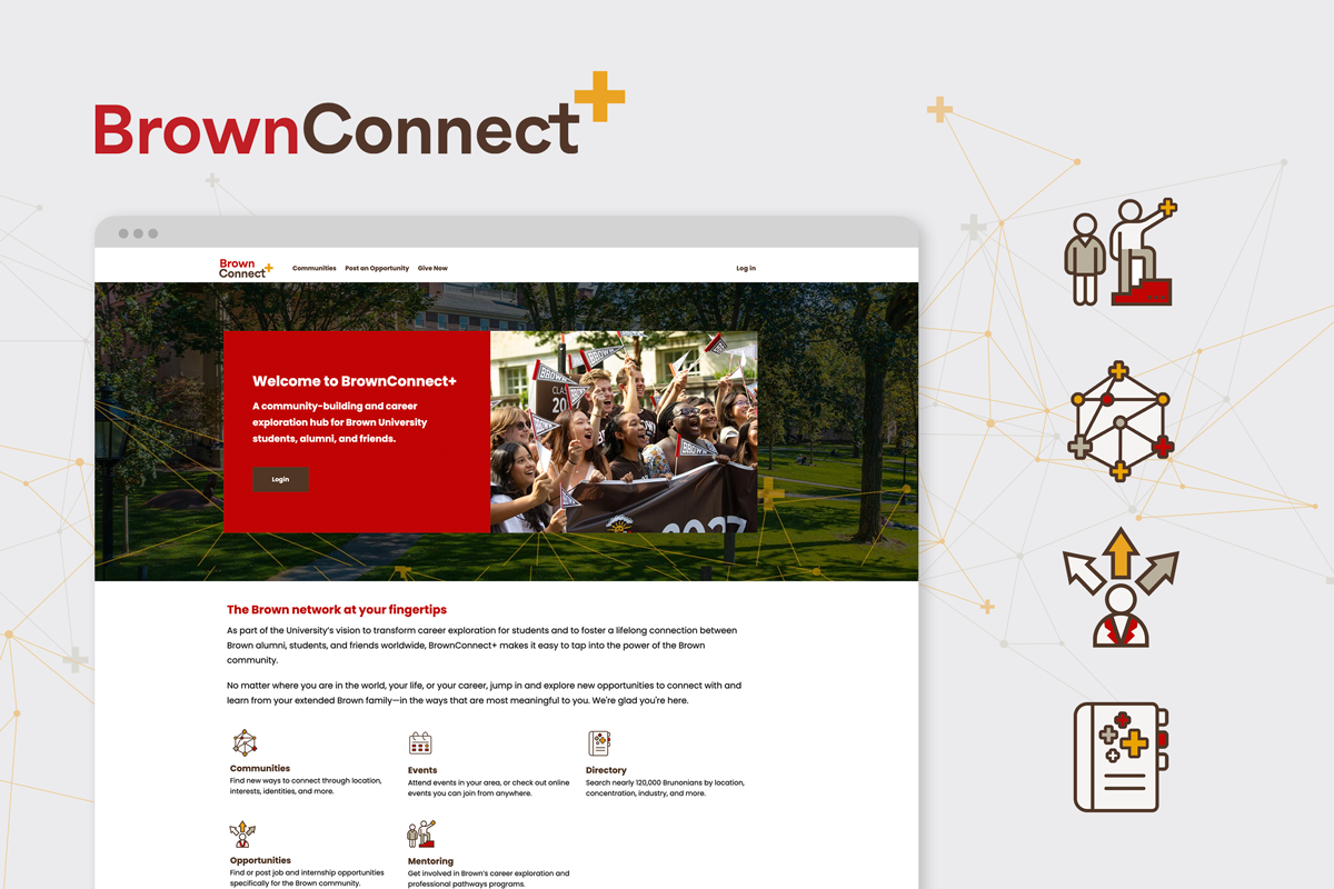 Examples of icons designed for BrownConnect+ and a screenshot of the website.