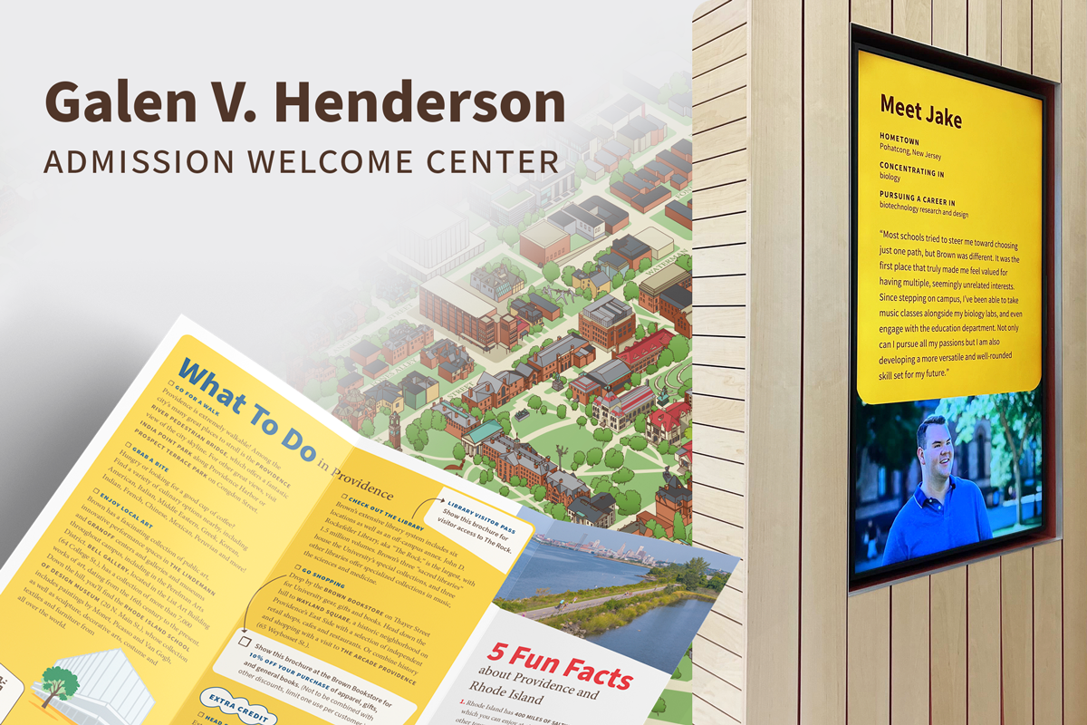 Brochure design and example of a student profile displayed on the wall.